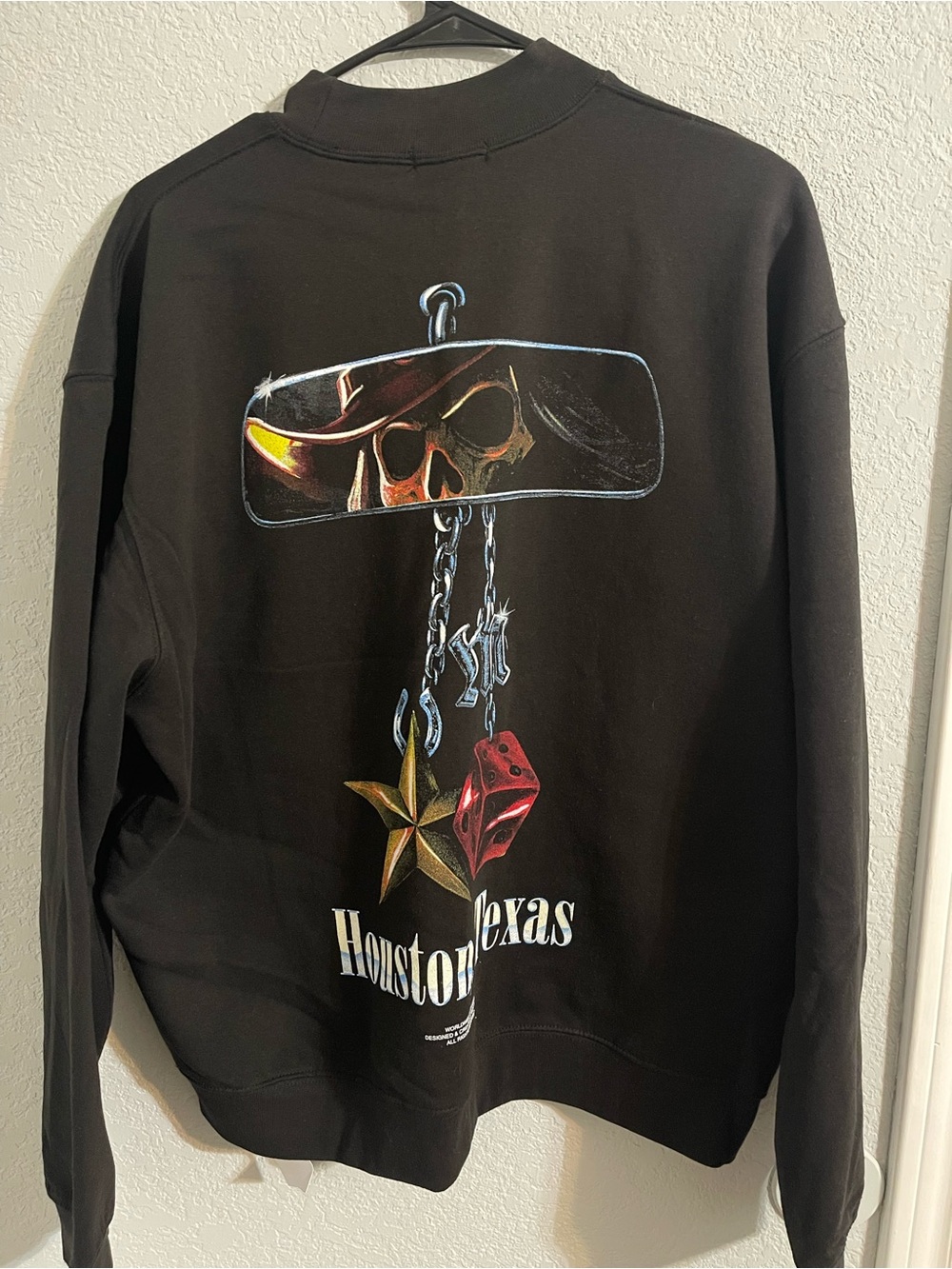 Black Graphic Crewneck Sweater with Rear Skull Mirror Design